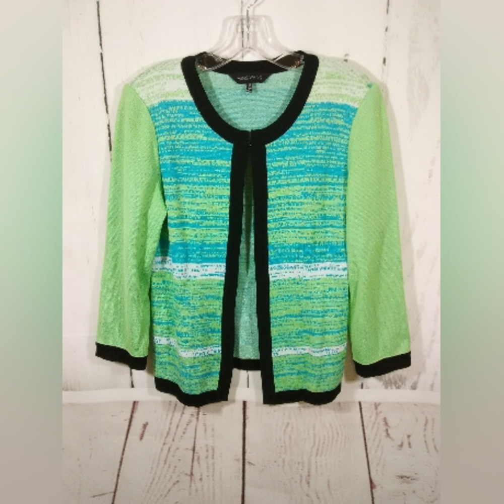 Ming‎ Wang Open Cardigan Sweater Blue Green Textured Knit Jacket Office Size S